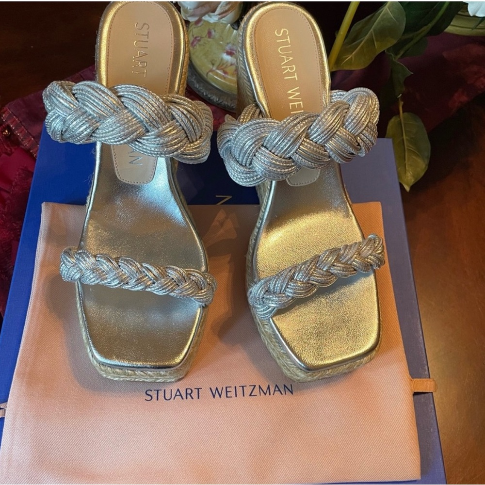 New STUART WEITZMAN platform wedge espadrille sandal silver